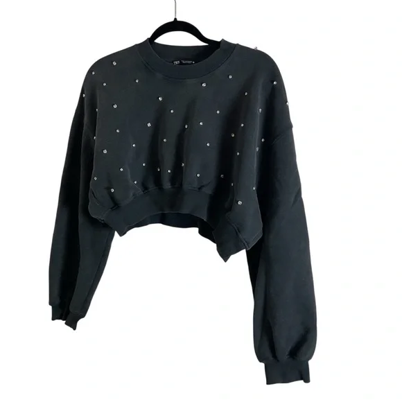 Zara Gray Cropped Jewel Studded Sweatshirt with Rhinestones Size small - Picture 10 of 11